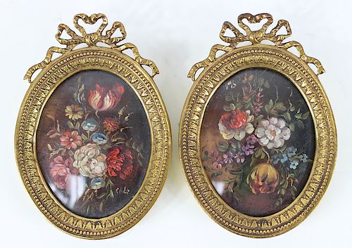 Antique Still Life Miniatures In Brass Frames