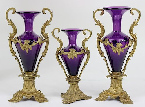 3pc Antique French Bronze Glass Gartinure Set
