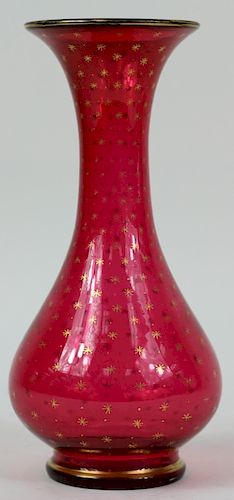 Ruby Gilt Enameled Moser Style Glass Vase
