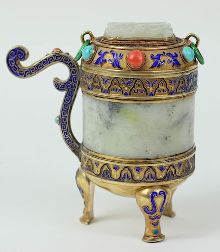 A Chinese Enameled Silver and White Jade Tea Caddy