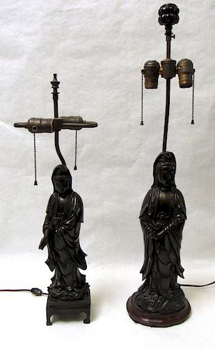 Near Pair of Bronze Figures of Guanyin Mounted as