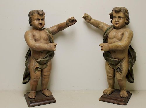 Pair of 18t Century Carved and Polychromed  Angels