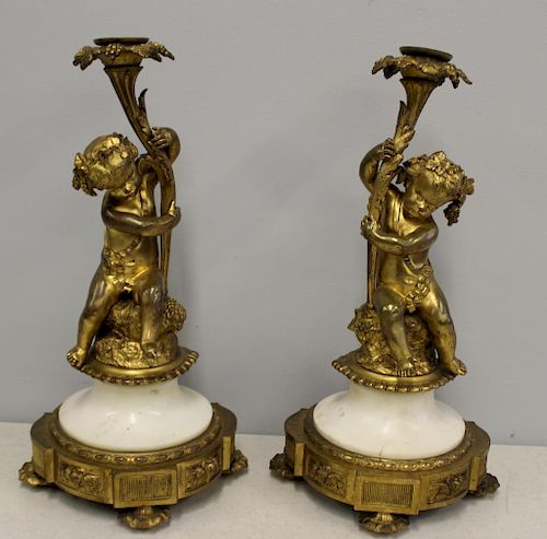 CLODION. Signed Pair of Putti Form Gilt Bronze and