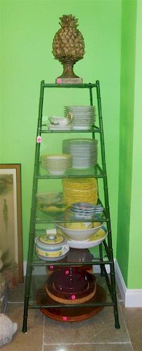 A Regency Style Painted Metal Faux Bamboo Etagere, Height 68 inches.