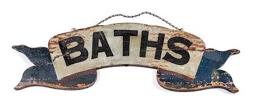 Vintage Painted Wood "Baths" Sign Height 8 x length 28 1/2 inches