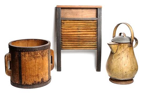 Oversized Metal Kettle, Wood Bucket and Wash Board Height of first 19 inches