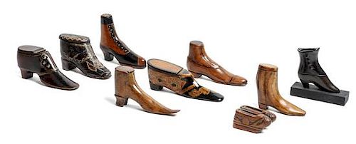 Nine Miniature Carved Wood Shoes Height of tallest 2 3/4 inches