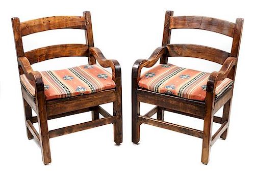Six Southwestern Wood Arm Chairs Height 26 x width 23 3/4 x depth 18 1/2 inches