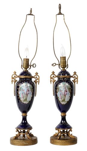 Pair of Sevres Style Porcelain Lamps Height overall 29 1/2 inches