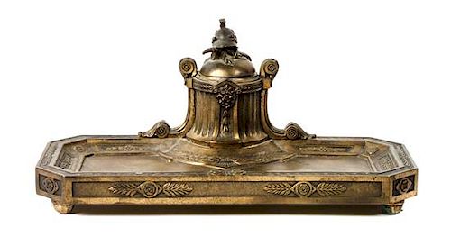 Neoclassical Gilt Bronze Inkwell Height 4 3/4 x width 10 x depth 5 1/2 inches