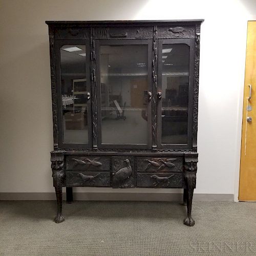 Ebonized Oak Carved Display Cabinet