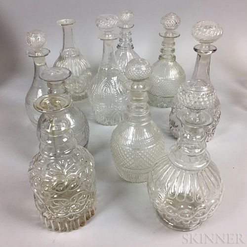 Ten Blown Colorless Glass Decanters