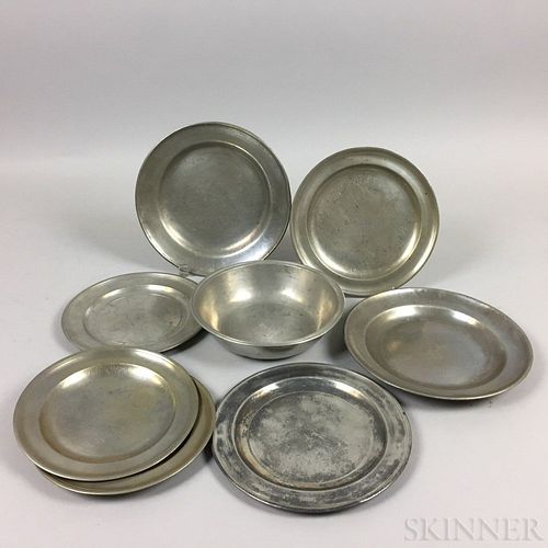Six American Pewter Plates and a Bowl