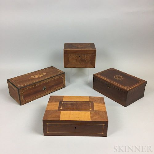 Four Inlaid Mahogany and Walnut Boxes