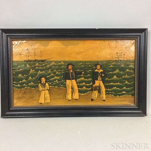 Framed Oil on Canvas Folk Scene of Sailors on a Beach