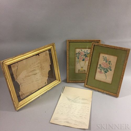 Two Calligraphic Eagles and Two Framed Harriet Wittenmyer Floral Watercolors
