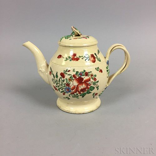 Leeds Creamware Floral-decorated Ceramic Teapot