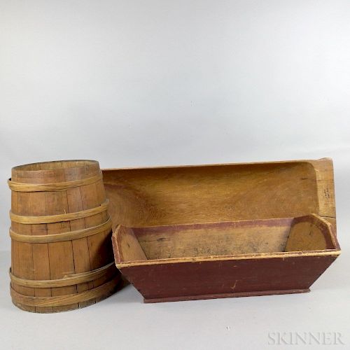 Red-painted Pine Dough Box, a Large Trencher, and a Firkin
