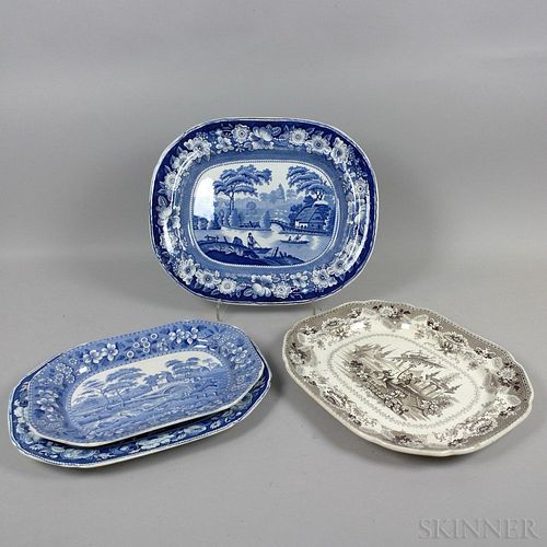 Four English Blue and White Transfer-decorated Ceramic Platters