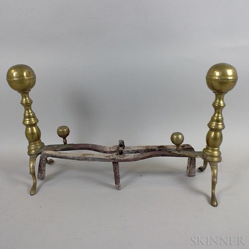 Pair of Brass Belted Ball-top Andirons and Nine Fire Tools