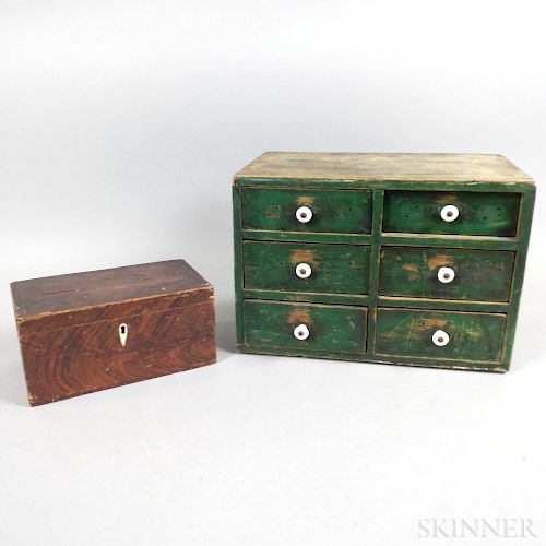 Small Green-painted Pine Six-drawer Cabinet and a Grain-painted Ballot Box