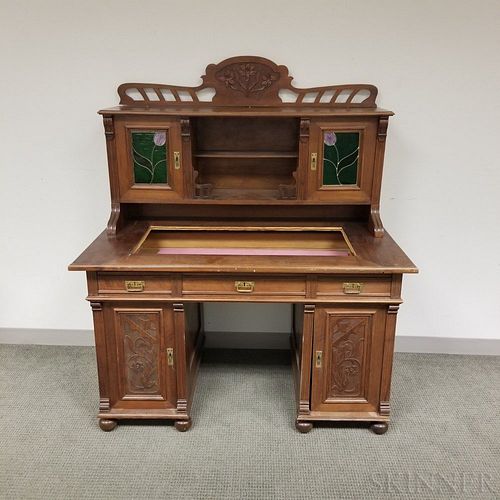 Aesthetic Movement Carved and Glazed Walnut Kneehole Desk