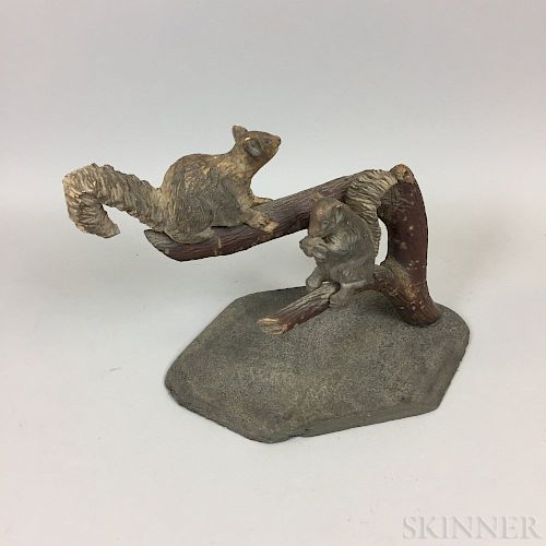 Carved and Painted Figure of Two Squirrels on a Branch