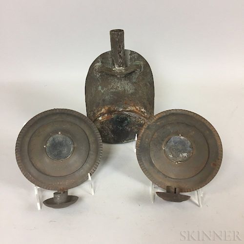 Pair of Tin Mirrored Sconces and a Lantern