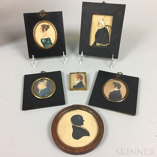 Five Framed Portrait Miniatures and a Silhouette
