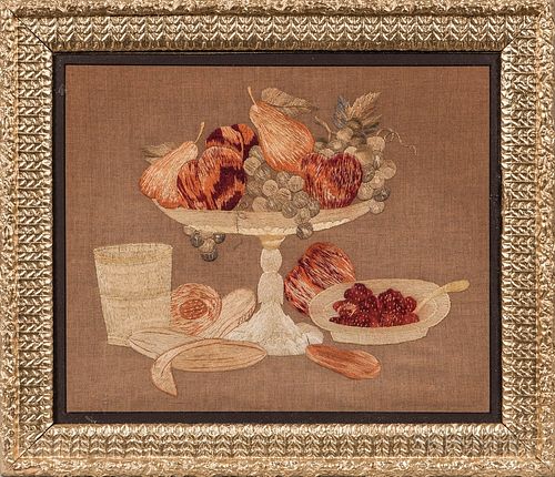Framed Victorian Needlework Still Life Depicting a Compote with Fruit