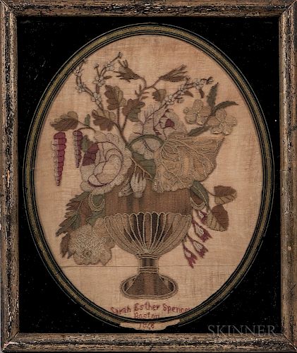 Framed Appliqued Needlework of a Basket of Flowers