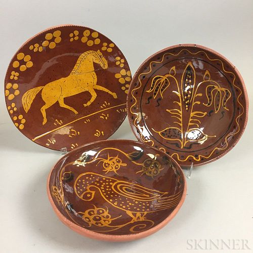Three Lester Breininger Scraffito or Slip-decorated Redware Plates