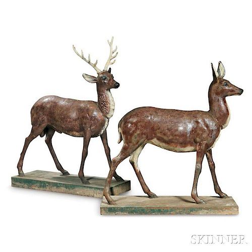 Pair of Painted Fiske-style Cast Iron Deer