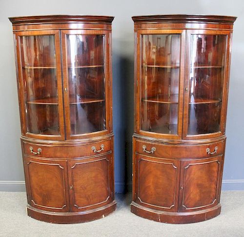 Pair Of mahogany Curved Glass Corner Cabinets .