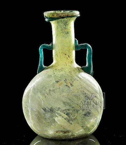 Roman Glass Flask w/ Blue-Green Trail Handles & Rim