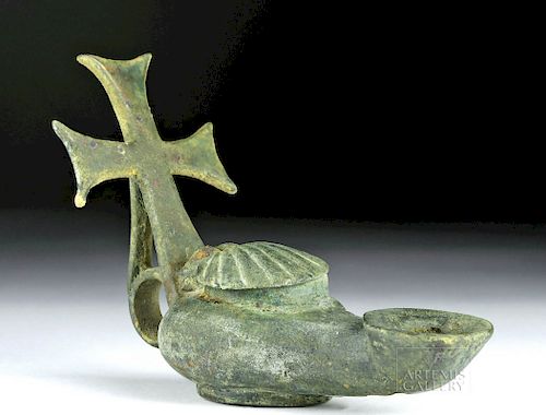 Byzantine Bronze Oil Lamp - Seashell Lid, Cross Handle