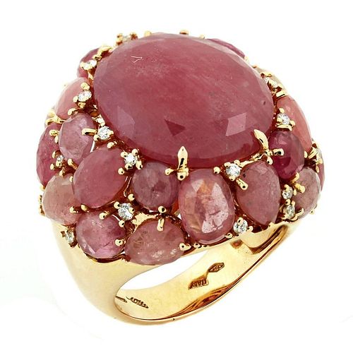 Cabochon Pink Sapphire Gold and Diamond Ring Giova