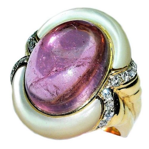 Cabochon Tourmaline Mother-of-Pearl Diamond Gold R
