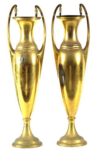 Large Pair Of Brass Leaf Design Urns