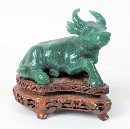 Chinese Carved Resting Bull On Wooden Stand