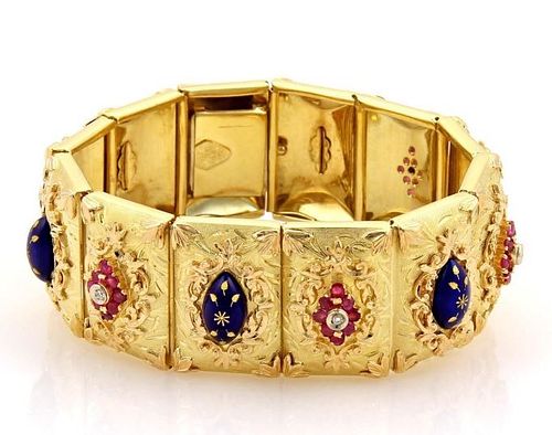 Diamond Enamel 18k Gold Floral Link Bracelet