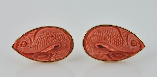Vintage Salmon Carved Coral Fish Earrings