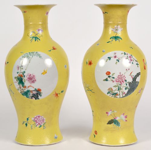 Pr. Chinese Hand Painted Yellow Porcelain Vases