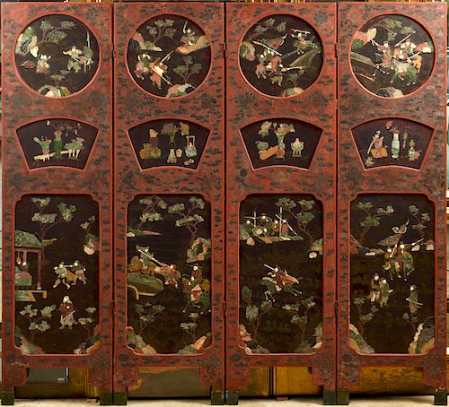 19th C. Chinese 4 Panel Red Laquer & Jade Screen