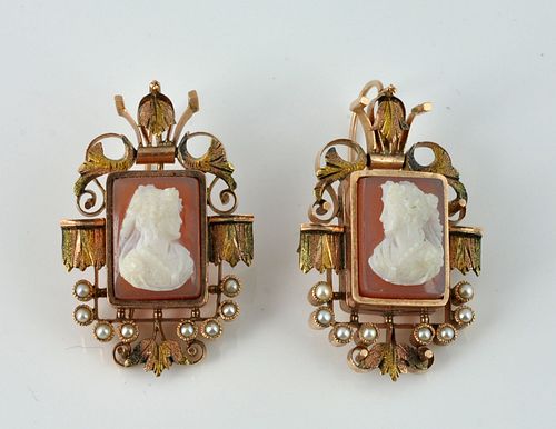 Pr. 14Kt. Gold Cameo Earrings with Seed Pearls