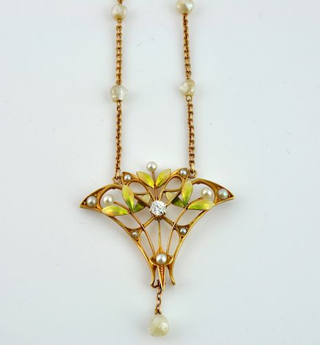 14kt Gold, Diamond & Pearl Krementz Art Nouveau Necklace