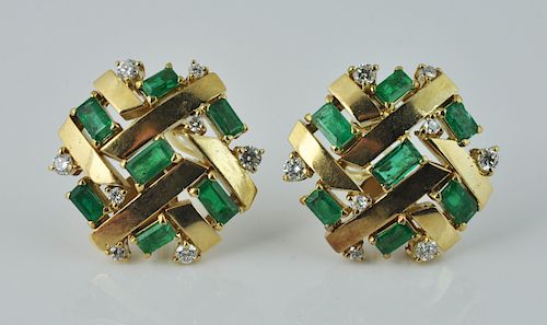 Vintage Emerald, Gold & Diamond Clip Earrings