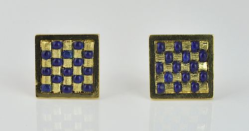 Pr. 18 kt. Gold & Blue Enamel Clip Earrings