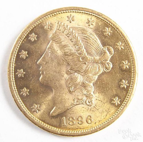 Gold Liberty Head twenty dollar coin, 1896 S, MS-60 to MS-62.