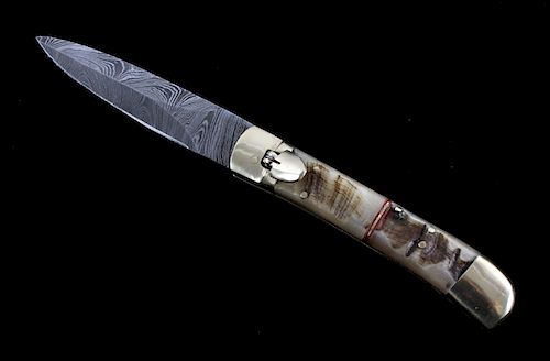 German Damascus Lever Lock Switchblade Knife